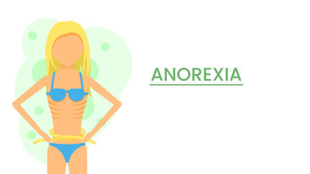 Abstract Flat Woman Skinny Girl WIth Measuring Tape Measures The Waist In Panties And Bra Grabbed Her Head Cartoon People Character Concept Illustration Vector Design Style Lack Of Weight Anorexiaのイラスト素材