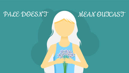 Abstract Flat Albino Pale Skin Woman Bouquet Of Flowers With White Hair Cartoon People Character Concept Illustration Vector Design Style Albinism Disease International Albinism Awareness Dayのイラスト素材