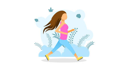 Abstract Flat Woman Running Cartoon People Character Concept Illustration Vector Design Style With Leaves Marathon Training Exercisingのイラスト素材