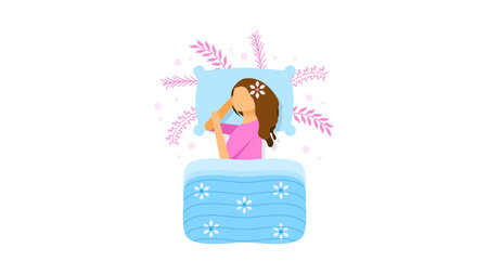 Abstract Flat Girl Woman Sleeping With Pillow And Blanket Cartoon People Character Concept Illustration Vector Design Style With Leaves Relax And Peaceful Dreamのイラスト素材
