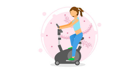 Abstract Flat Woman On Exercise Bike Cartoon People Character Concept Illustration Vector Design Style With Leaves Physical Exercises Spiritual Sport Practiceのイラスト素材