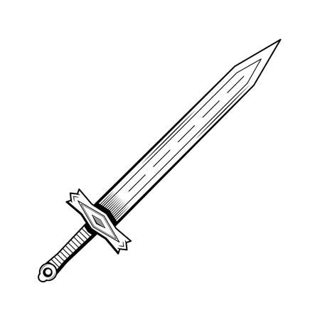 Abstract Black Simple Line Metal Sword Blade Weapon Doodle Outline Element Vector Design Style Sketch Isolated On White Background Illustration For War, Battleのイラスト素材
