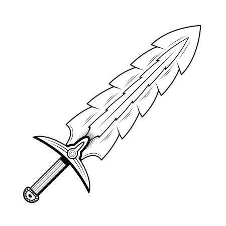 Abstract Black Simple Line Metal Sword Blade Weapon Doodle Outline Element Vector Design Style Sketch Isolated On White Background Illustration For War, Battleのイラスト素材
