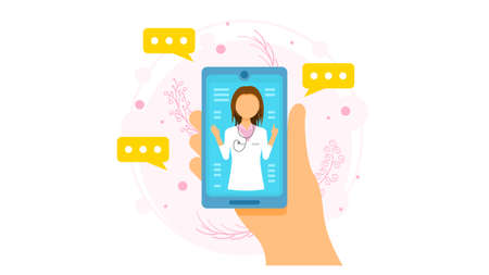 Abstract Flat Smartphone In Hand Medic Cartoon People Character Concept Illustration Vector Design Style Healthcare Diagnosis Clinic Contact With The Doctor Consultationのイラスト素材