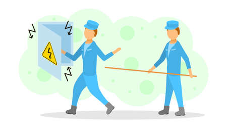 Abstract Flat Man Helps With Electric Shock First Aid Cartoon People Character Concept Illustration Vector Design Style Healthcare Medical Electrocuteのイラスト素材