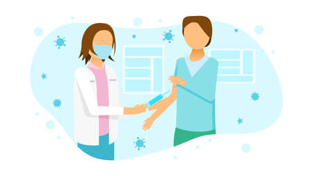 Abstract Flat Medic Woman Vaccinates Patient And They Are Both Wearing Masks. Cartoon People Character Concept Illustration Vector Design Style virus.のイラスト素材