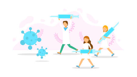 Abstract Flat Medic Man And Woman Running With Syringes For The Virus. Cartoon People Character Concept Illustration Vector Design Style.のイラスト素材