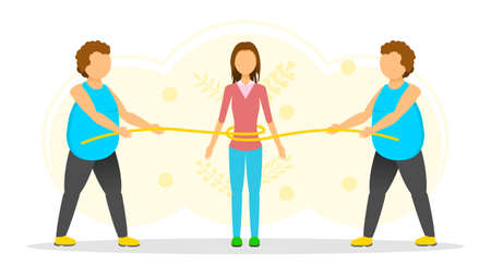 Abstract Flat Two Fat, Thick Girls Tighten Their Belt Thin Woman Cartoon People Character Concept Illustration Vector Design Style Lack Of Weight Anorexiaのイラスト素材