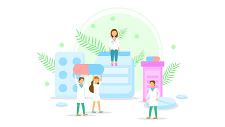 Abstract Flat Medic Man And Woman Carry The Pill. Cartoon People Character Concept Illustration Vector Design Style.のイラスト素材