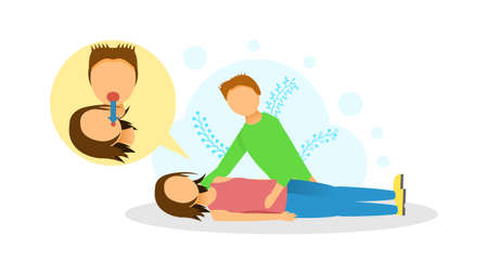 Abstract Flat Man Giving Artificial Respiration To A Woman First Aid Cartoon People Character Concept Illustration Vector Design Style Healthcare Medical Helpのイラスト素材