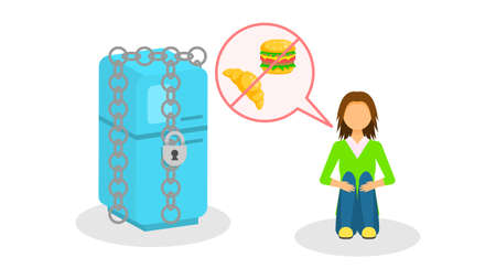 Abstract Flat Woman Skinny Girl Next To The Refrigerator In Chains Limits Himself To Food Cartoon People Character Concept Illustration Vector Design Style Lack Of Weight Anorexiaのイラスト素材