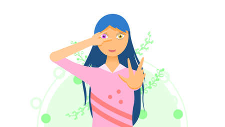 Flat Girl Woman Character Covers His Face With His Hand And The Victory Sign With Different Colors Eyes Disease Heterochromia Conceptのイラスト素材