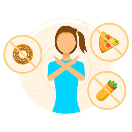 Abstract Flat Woman Skinny Girl With Crossed Arms Against Food Cartoon People Character Concept Illustration Vector Design Style Lack Of Weight Anorexiaのイラスト素材