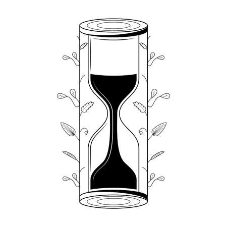 Abstract Hand Drawn Hourglass With Sand, Plants, Leaves, Leaf Doodle Concept Vector Design Outline Style On White Background Isolated Outlineのイラスト素材