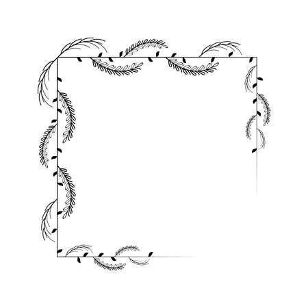 Abstract Black Simple Line Suqare With Leaf Leaves Frame Flowers Doodle Outline Element Vector Design Style Sketch Isolated Illustration For Wedding And Bannerのイラスト素材