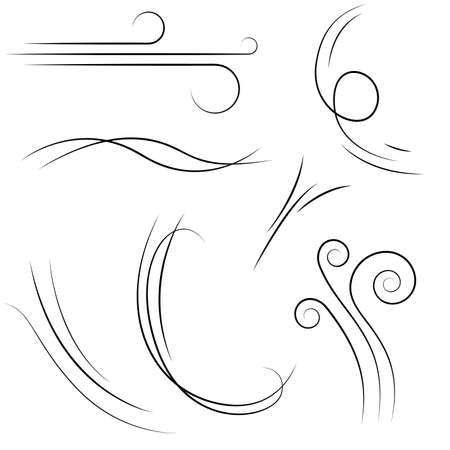 Set Black Collection Simple Line Winds Gust Squall Curl Doodle Outline Nature Element Vector Design Style Sketch Isolated Illustrationのイラスト素材