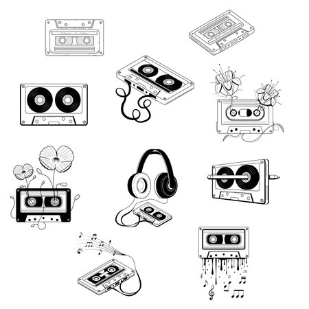 Set Abstract Collection Hand Drawn Classic Tape Old Cassette Doodle Concept Vector Design Outline Style On White Background Isolated Outline Music, Sound, Audio, Relaxのイラスト素材