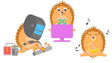 Set Abstract Collection Flat Cartoon Different Animal Hedgehogs Welder Welds The Pipe, Plays On A Gamepad, Plays The Lyre Vector Design Style Elements Fauna Wildlifeのイラスト素材