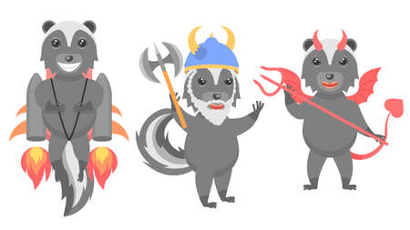 Set Abstract Collection Flat Cartoon Different Animal Skunk Flies On A Jetpack, Viking With Ax And Helmet, Devil With Horns And Trident Vector Design Style Elements Fauna Wildlifeのイラスト素材