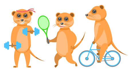 Set Abstract Collection Flat Cartoon Different Animal Meerkats Riding A Bike, Goes In For Sports With Dumbbells, Plays Badminton Vector Design Style Elements Fauna Wildlifeのイラスト素材
