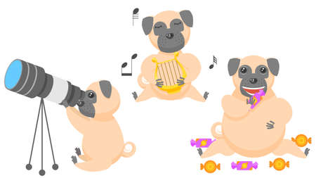 Set Abstract Collection Flat Cartoon Different Animal Pug Dogs Puppy Got Fat From Candy, Plays The Lyre, Watching The Stars Through A Telescope Vector Design Style Elements Fauna Wildlifeのイラスト素材