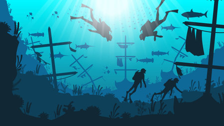 Abstract Blue Underwater Ocean Sea Nature Background Vector With Fish Shadows Seaweed DIversのイラスト素材