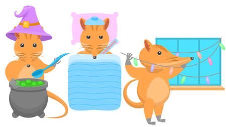 Set Abstract Collection Flat Cartoon Different Animal Rufous Elephant Hangs Garlands On The Window, Brewing A Potion In A Vat, Sick With A Thermometer Vector Design Elements Fauna Wildlifeのイラスト素材