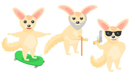 Set Abstract Collection Flat Cartoon Different Animal Fenech Skateboard, Old Man With Beard And Cane, Cool With A Gun And Glasses Vector Design Style Elements Fauna Wildlifeのイラスト素材