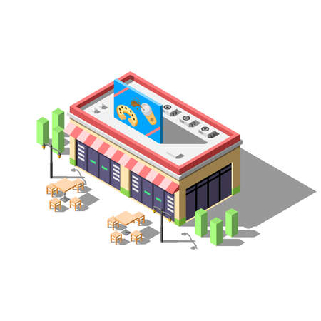 Abstract Isometric 3D Cafe With Lampposts Tables Chairs Building Architecture Vector Design Styleのイラスト素材