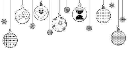 Black Doodle Outline Simple Line Abstract Maerry Christmas Xmas Balls With Snowflakes Holiday Decorations Happy New Year Background Vector Design Styleのイラスト素材