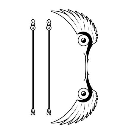 Abstract Black Simple Line Bow With Arrows Weapon Doodle Outline Element Vector Design Style Sketch Isolated On White Background Illustration For War, Battleのイラスト素材