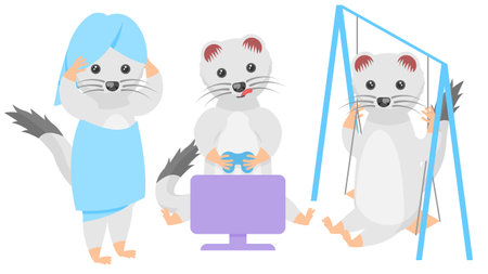 Set Abstract Collection Flat Cartoon Different Animal Ermines In A Towel After A Bath, Plays On A Gamepad, Swinging On A Swing Vector Design Style Elements Fauna Wildlifeのイラスト素材