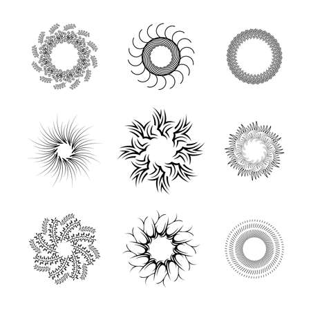 Set Abstract Collection Round Circles Starburst Sunburst Sunset Black Line Doodle Design Elements Bursting Rays Sunrise Shine Light Radiant Sparkles Vector Design Styleのイラスト素材