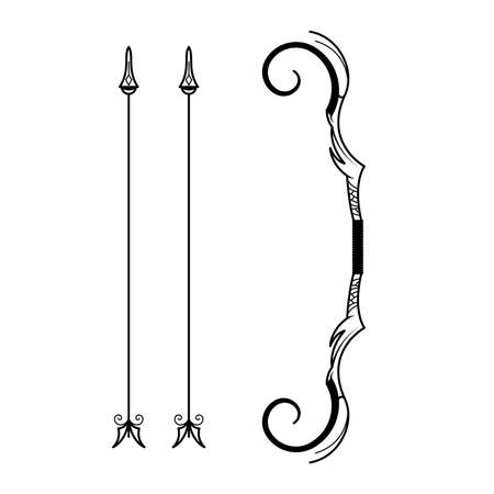 Abstract Black Simple Line Bow With Arrows Weapon Doodle Outline Element Vector Design Style Sketch Isolated On White Background Illustration For War, Battleのイラスト素材