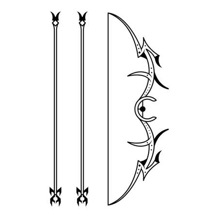 Abstract Black Simple Line Bow With Arrows Weapon Doodle Outline Element Vector Design Style Sketch Isolated On White Background Illustration For War, Battleのイラスト素材