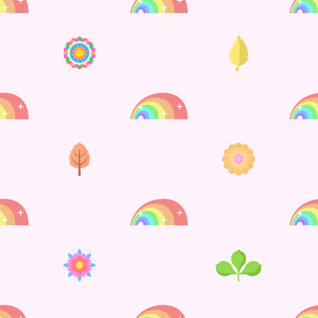 Abstract Doodle Seamless Pattern Rainbow With Flowers, Leaves, Leaf Nature Fabric Background...