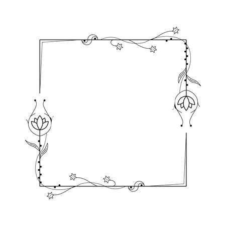 Abstract Black Simple Line Square With Leaf Leaves Frame Flowers Doodle Outline Element Vector Design Style Sketch Isolated Illustration For Wedding And Bannerのイラスト素材