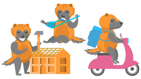 Set Abstract Collection Flat Cartoon Different Animal Wolverines Food Delivery On A Moped, Bandages His Hand First Aid Help, Building A House With A Hammer Vector Design Style Elemのイラスト素材
