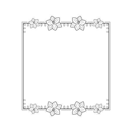 Abstract Black Simple Line Square With Leaf Leaves Frame Flowers Doodle Outline Element Vector Design Style Sketch Isolated Illustration For Wedding And Bannerのイラスト素材
