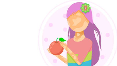 Flat Girl Woman Character With Spots And Flower, An Apple In Hand Vitiligo Depigmentation Disease Vector Design Style Concept People Are Equalのイラスト素材