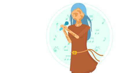 Flat Girl Woman Character With Spots Singing Into The Microphone Karaoke Vitiligo Depigmentation Disease Vector Design Style Concept People Are Equalのイラスト素材