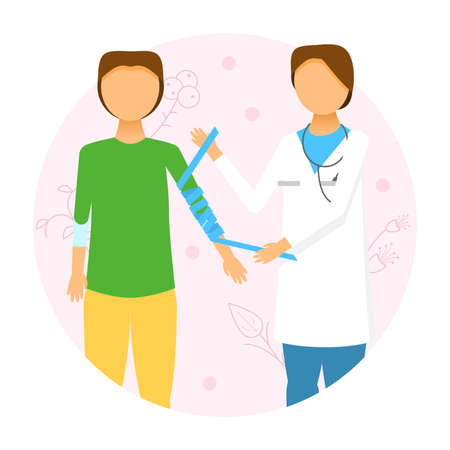 Abstract Flat Man Doctor Bandages Another Man's Hand With Bandages Help First Aid Cartoon People Character Concept Illustration Vector Design Styleのイラスト素材
