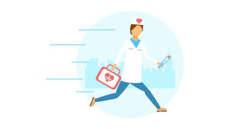 Abstract Flat Man Doctor With Thermometer And First Aid Kit Running To The Rescue Cartoon People Character Concept Illustration Vector Design Styleのイラスト素材