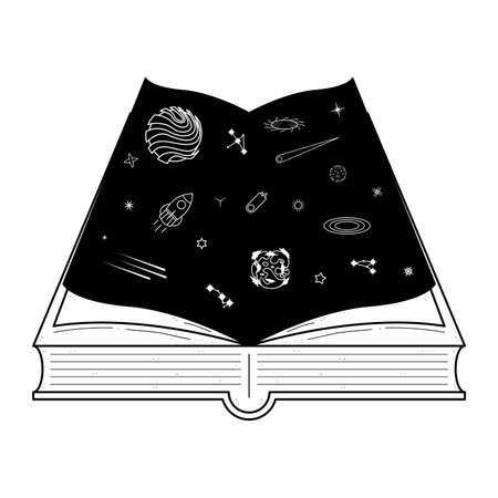 Abstract Black Simple Line Open Book With Space, Planets, Stars Doodle Outline Element Vector Design Style Sketch Isolated On White Background Illustration For Reading, Education,のイラスト素材