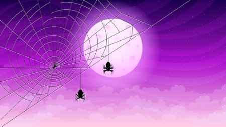 Spider Web On Dark Background With Moon Clouds Halloween Design Elements Spooky Scary Horror Decor Vectorのイラスト素材