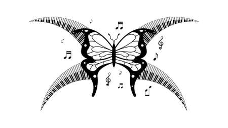 Abstract Butterfly Insect With Piano Keys Notes Music Keyboard Instrument Doodle Outline Melt Song Melody Vector Design Styleのイラスト素材