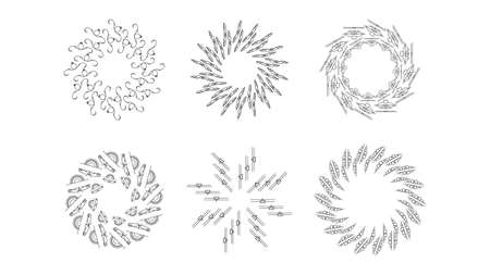 Set Abstract Collection Round Circles Starburst Sunburst Sunset Black Line Doodle Design Elements Bursting Rays Sunrise Shine Light Radiant Sparkles Vector Design Styleのイラスト素材