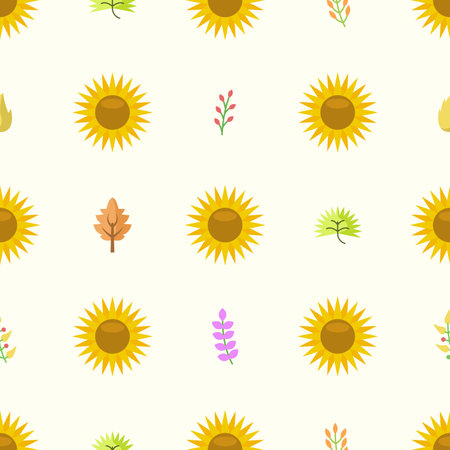 Seamless Pattern Abstract Elements Different Sunflower Plant Botanic Vector Design Style Background...