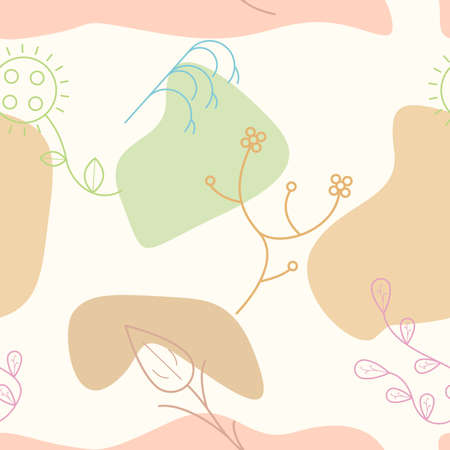 Abstract Doodle Seamless Pattern Plants Branch Botanic Leaf Leaves Herb Blots Spots Nature Background Decoration Vector Design Style For Prints Textiles, Clothing, Gift Wrap, Wallpのイラスト素材