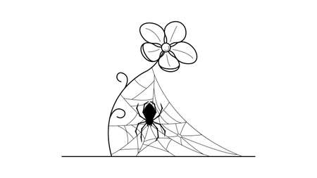 Spiders on Web with white Background. Flower Plant Brunch Halloween Background Design Element. Spooky, Scary Horror Decoration Vectorのイラスト素材